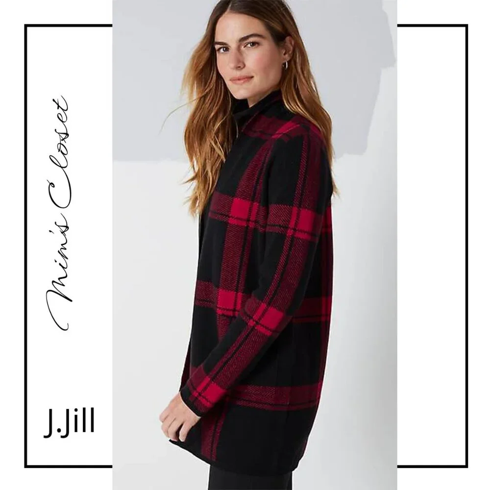 J.Jill Red & Black Buffalo Plaid Open Front Cardi - Size L - Picture 2 of 15